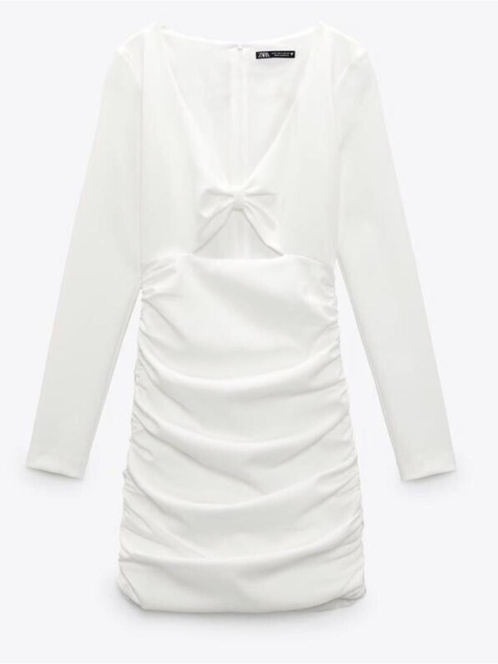Zara White Long-Sleeve Ruched Cutout Mini Dress